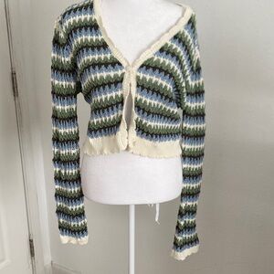 RSQ Cropped Crochet Cardigan in Cream, Green & Blue Stripes